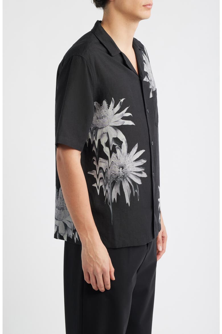 Floraze Floral Graphic Button-Up Camp Shirt, Alternate, color, JET BLACK