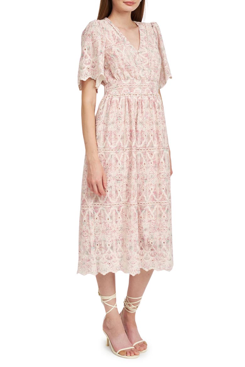 Kiera Lace Eyelet Midi Dress, Alternate, color, PINK