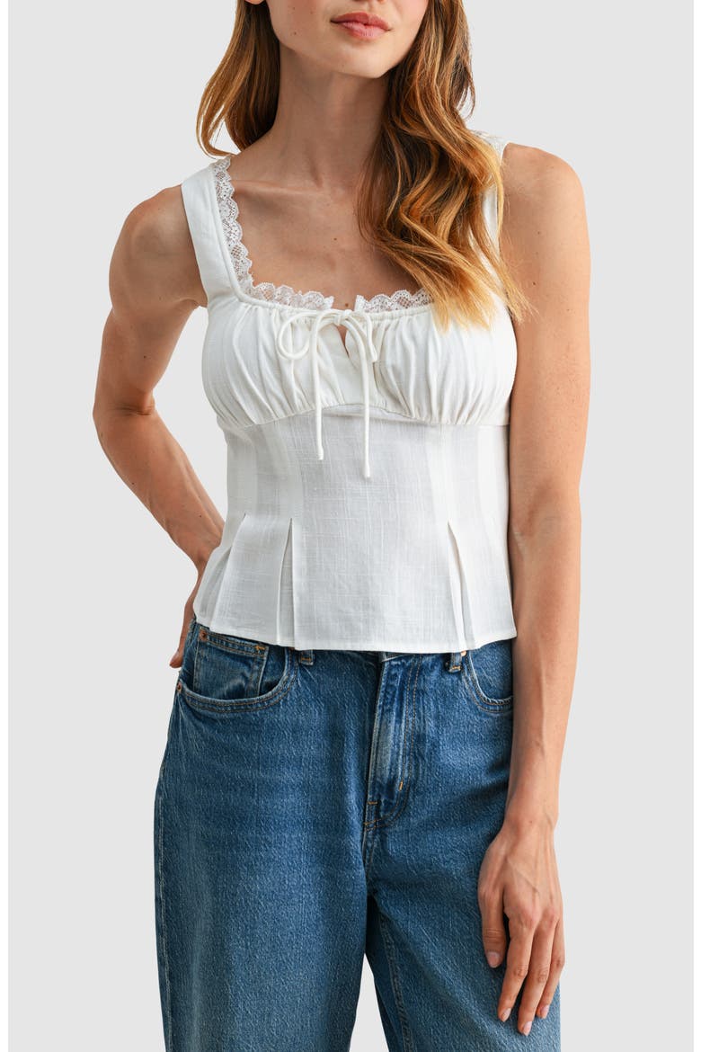 Lace Trim Pleated Rayon and Linen Top, Main, color, IVORY