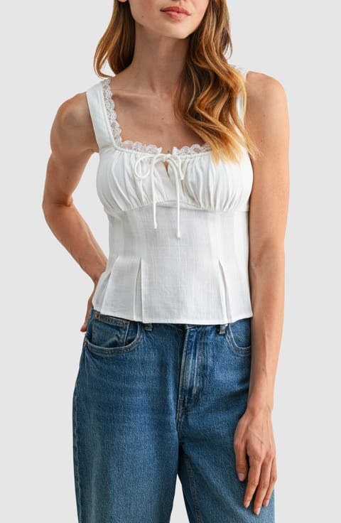 Lace Trim Pleated Rayon and Linen Top