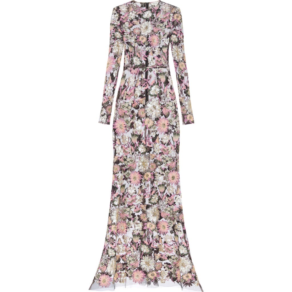 Sau Lee Goldie Embellished Long Sleeve Sheer Mermaid Gown In Multi