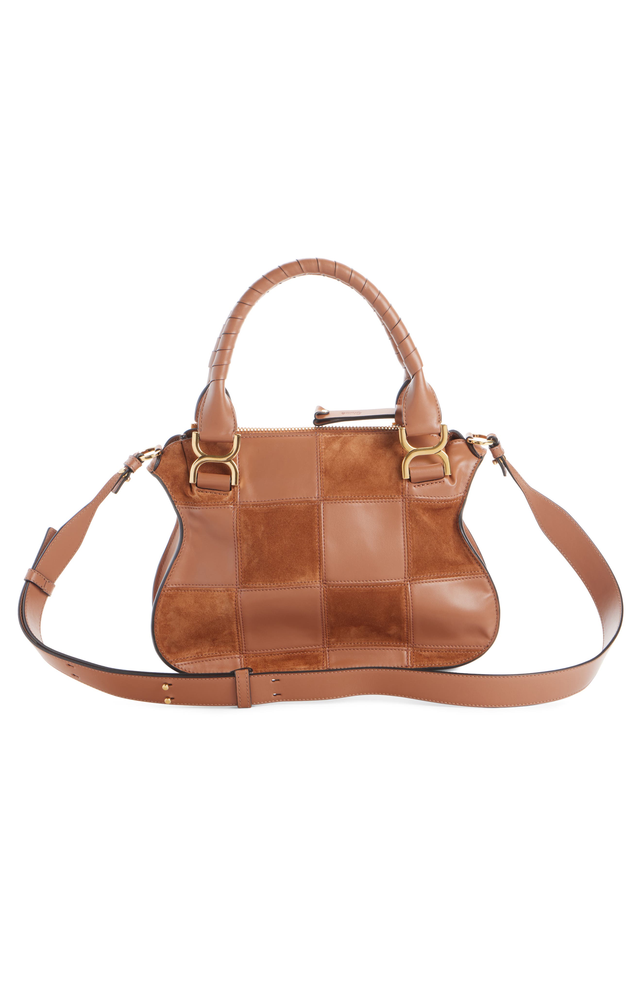 Chloé Marcie Leather & Suede Patchwork Satchel, Alternate, color, Dusty Tan