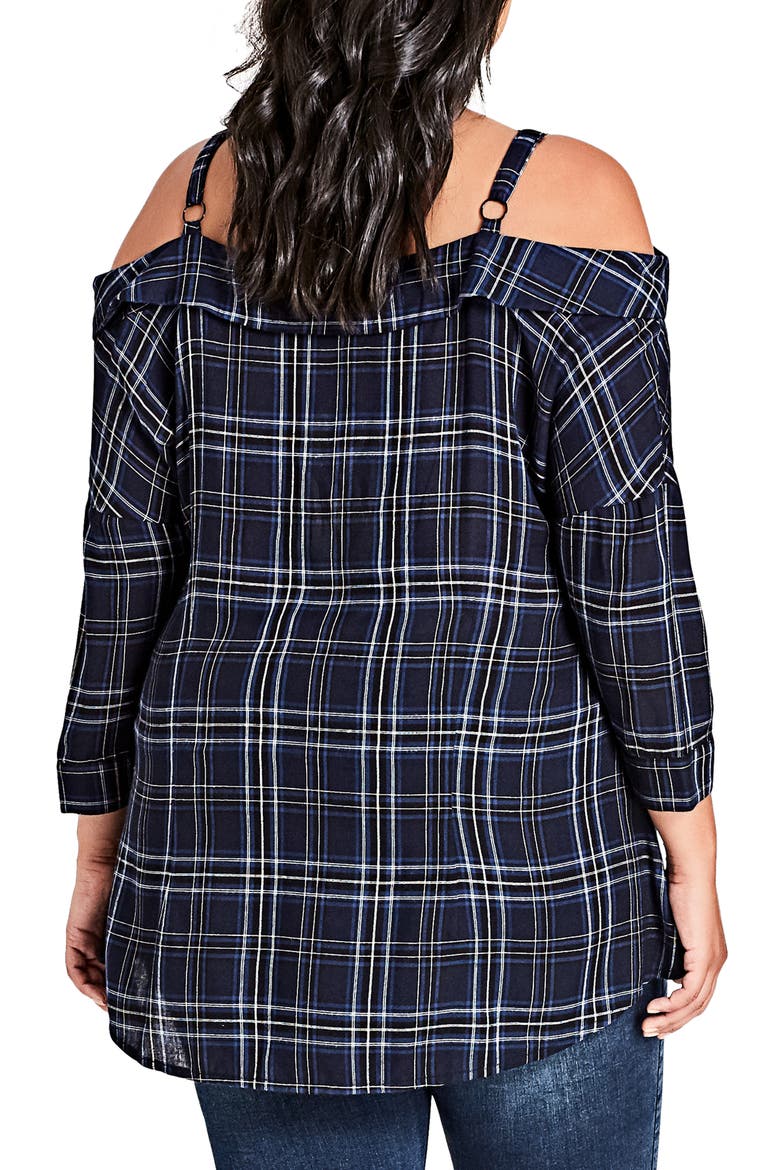 Chic Chic Reality Check Cold Shoulder Top, Alternate, color, NAVY/ BLUE CHECK