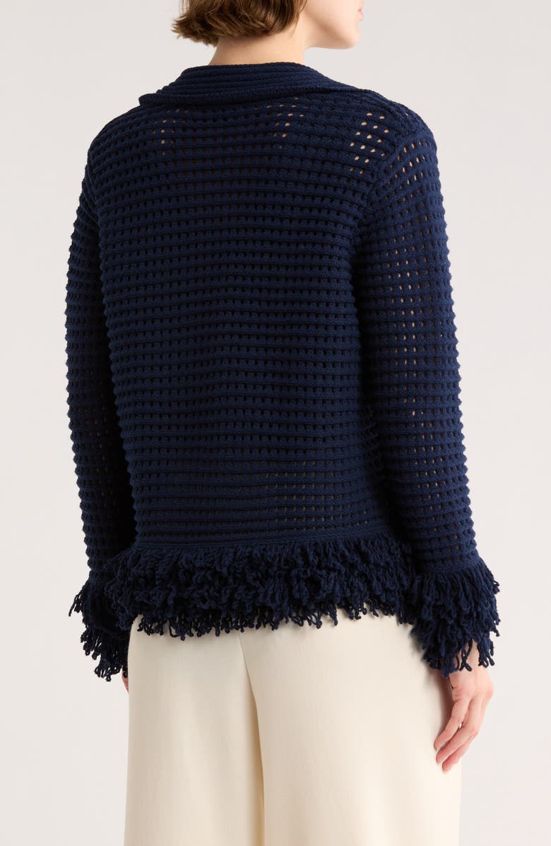 Adrianna Papell Fringe Trim Open Stitch Cardigan, Alternate, color, Blue Moon