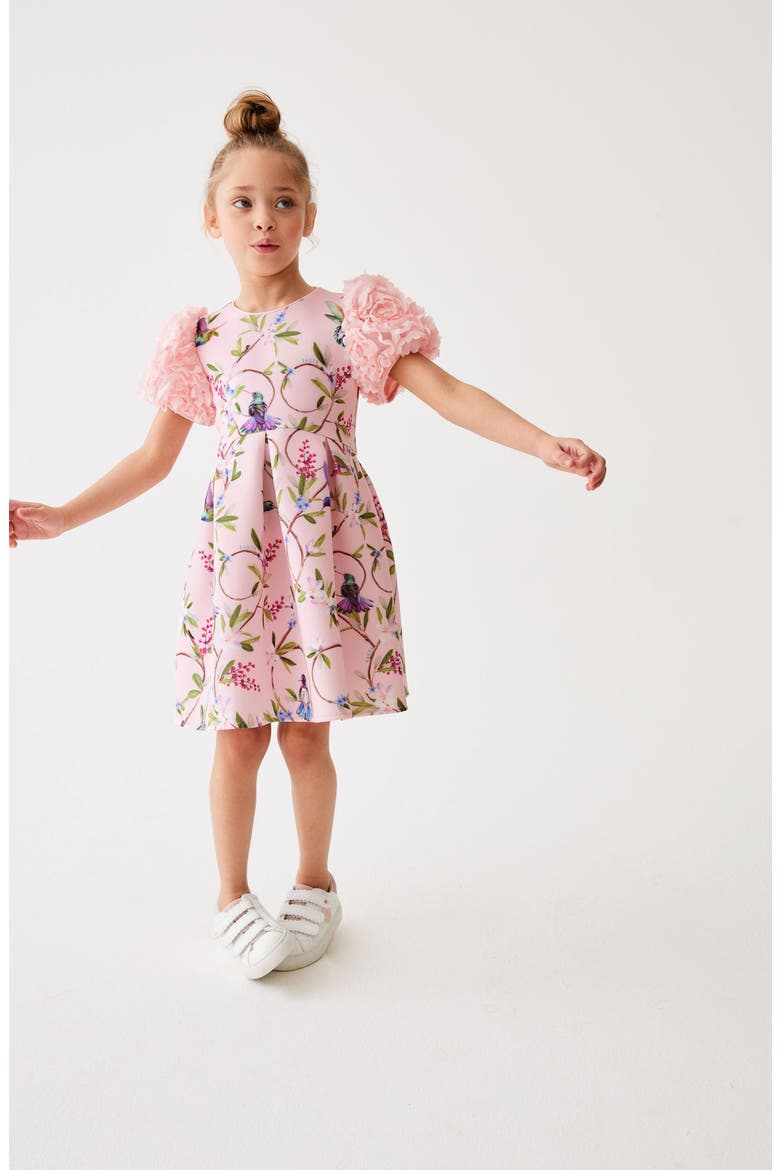 Kids' 3D Floral Sleeve Scuba Dress, Alternate, color, PINK