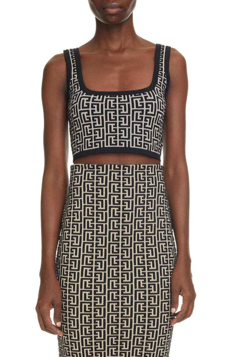 Balmain Monogram Jacquard Crop Top, Main, color, 