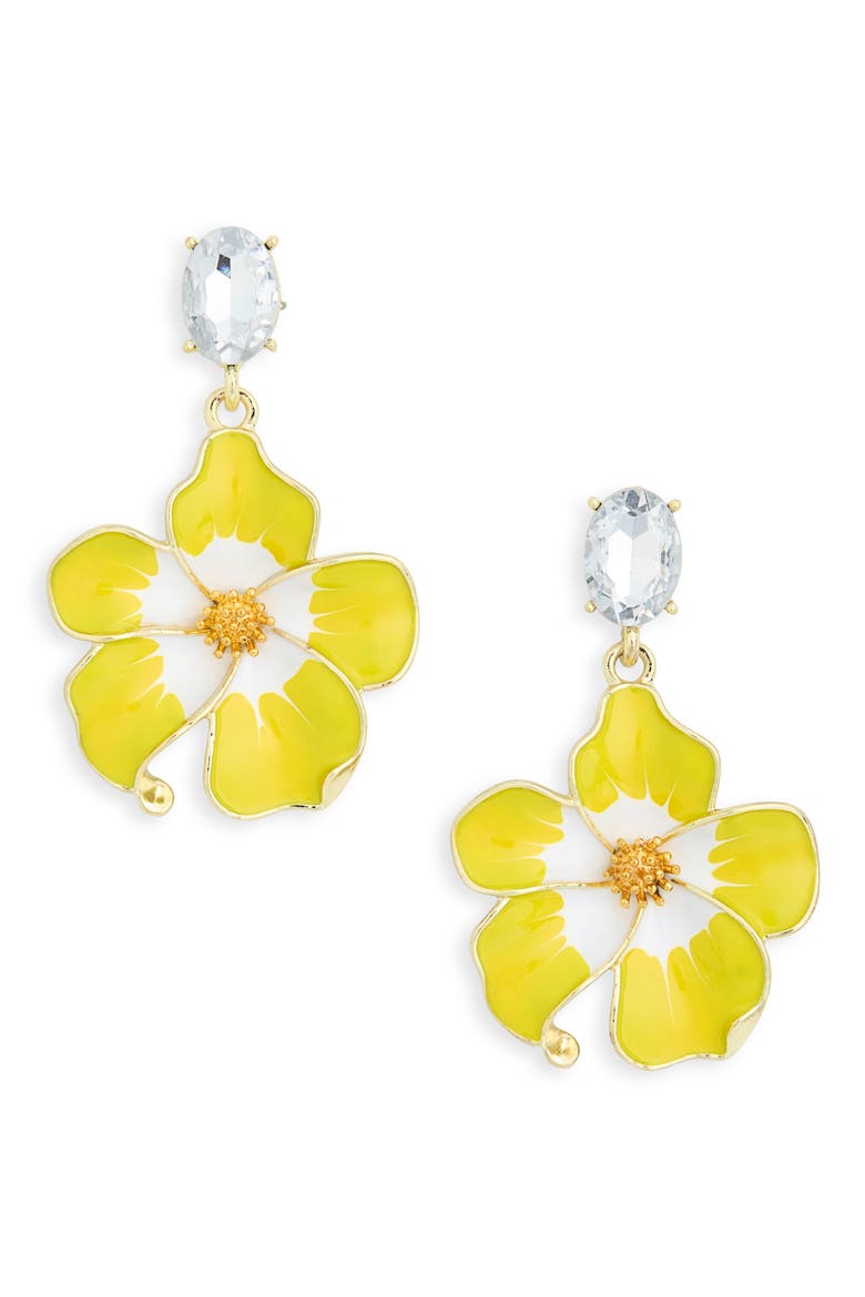 Gloria Cubic Zirconia & Enamel Floral Drop Earrings, Main, color, YELLOW/ WHITE