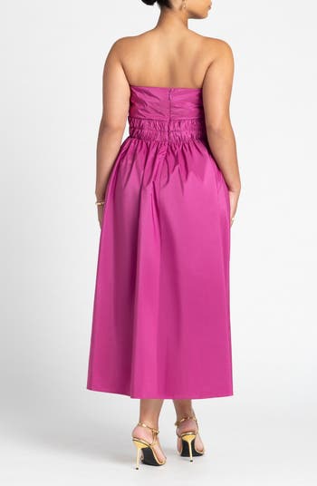 ELOQUII Pleated Ruffle Strapless Satin Cocktail Dress