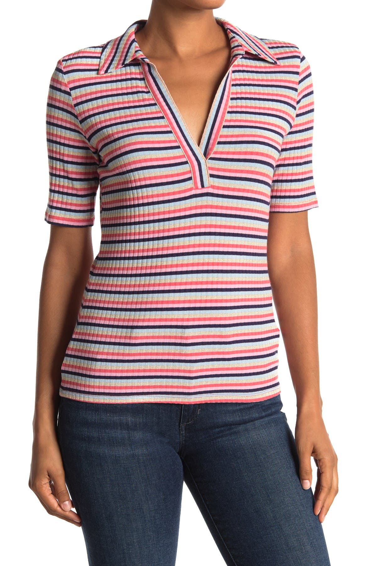 Trina Turk Nishi Striped Short Sleeve Ribbed Top (Women) | Nordstromrack