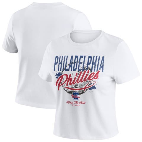 Women's WEAR by Erin Andrews  White Philadelphia Phillies Distressed Cropped Baby T-Shirt