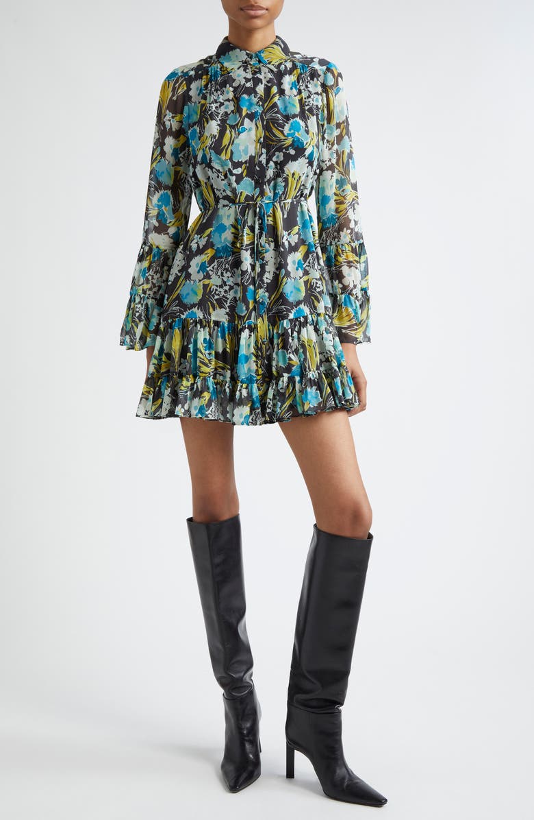 Cinq à Sept Lyra Tossed Floral Long Sleeve Minidress, Main, color, Obsidian Multi