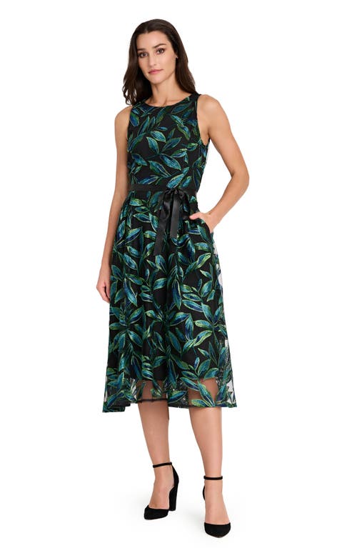 Tahari Asl Embroidered Tie Waist Sleeveless Midi Dress In Black