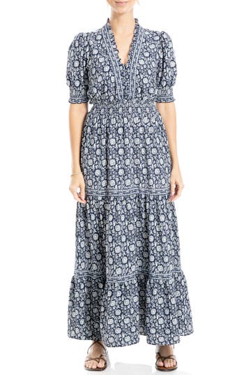 Max Studio Floral Short Sleeve Tiered Maxi Dress In Navy/cream