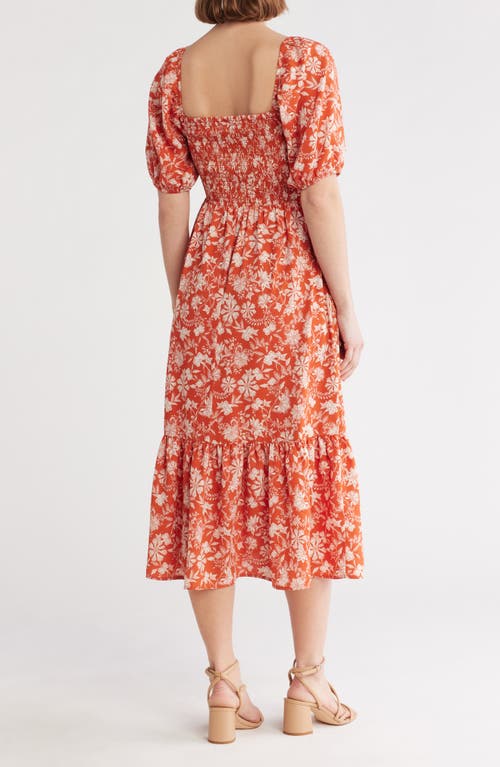 Melrose And Market Smocked Puff Sleeve Midi Dress In Orange - Ivory Fontana Floral