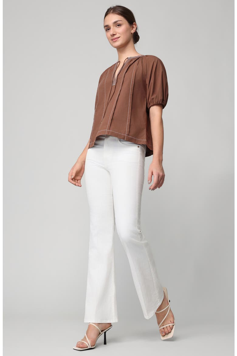 Contrast Stitch Puff Sleeve Top, Alternate, color, BROWN
