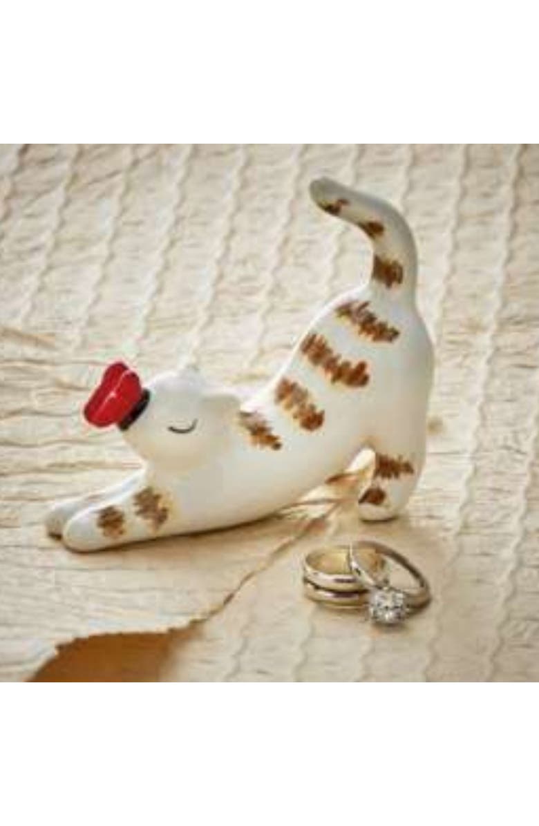 tag Stretching Cat Ring Holder Multi Earthenware Everyday, Alternate, color, White