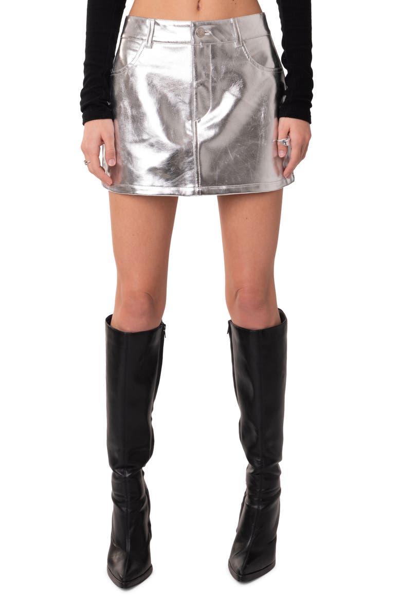 Metallic Faux Leather Miniskirt, Main, color, SILVER