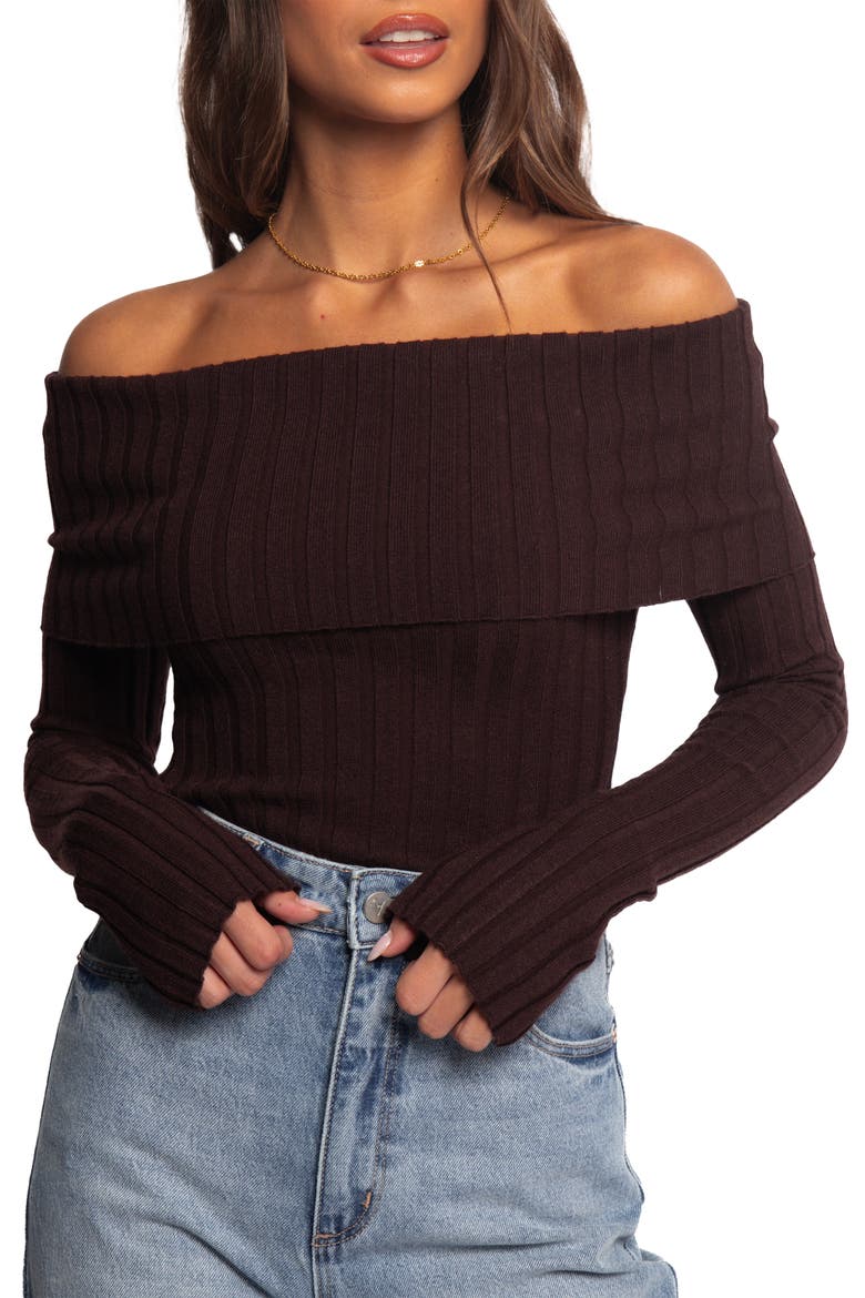 Inora Foldover Off the Shoulder Rib Sweater, Main, color, CHOCOLATE