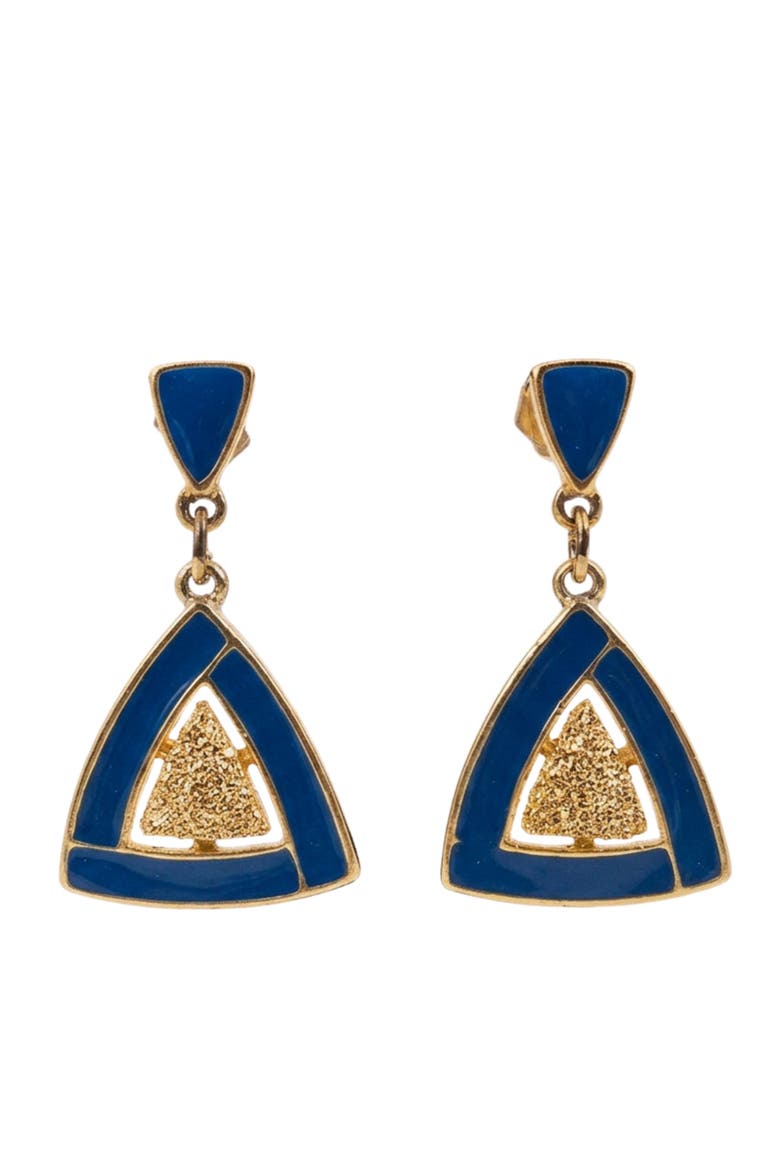 Vintage 1970s Blue Enamel Gold Triangle Earrings, Main, color, Gold