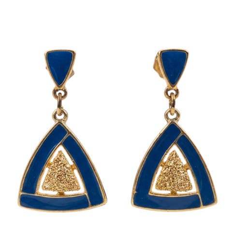 Vintage 1970s Blue Enamel Gold Triangle Earrings