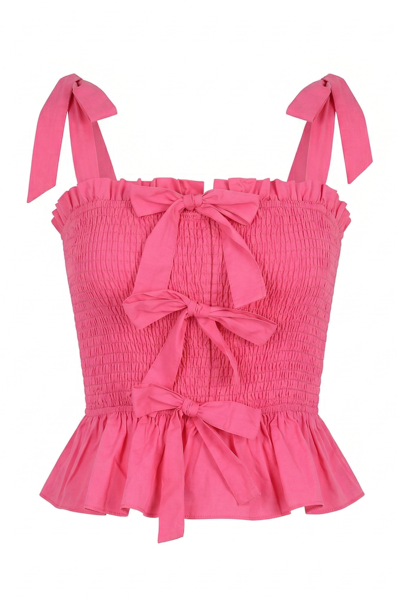 Modenaire Smocked Peplum Top with Bow Tie Straps and Ruffle Hem, Alternate, color, Pink