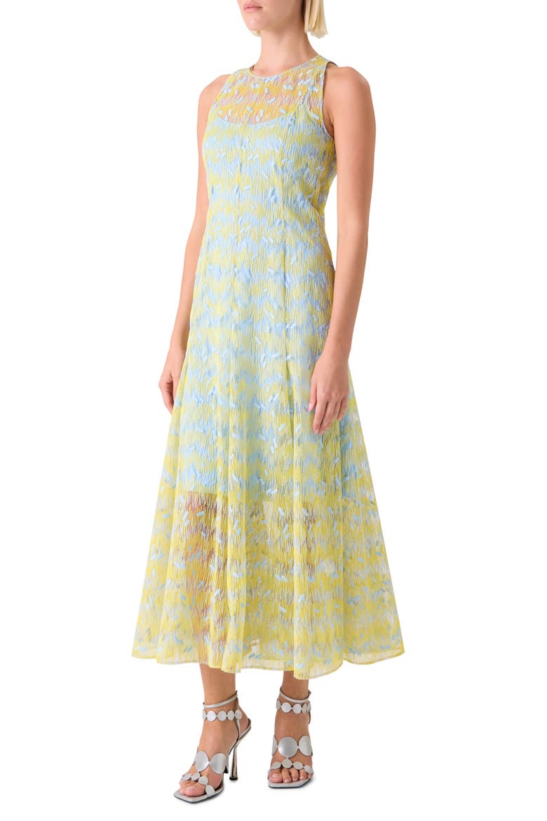 Scribble Embroidered Sheer Tulle Fit & Flare Midi Dress, Alternate, color, LEMON ZING-SKY BLUE