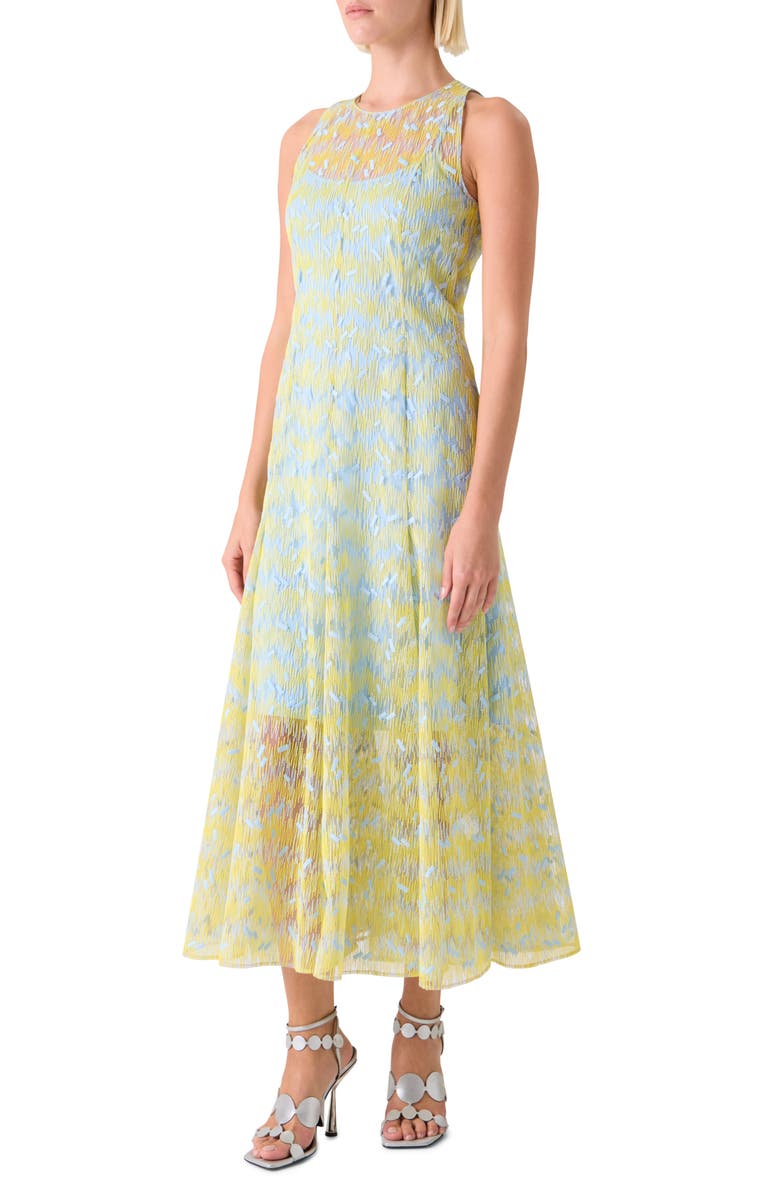 Akris punto Scribble Embroidered Sheer Tulle Fit 
Flare Midi Dress, Alternate, color, Lemon Zing-Sky Blue