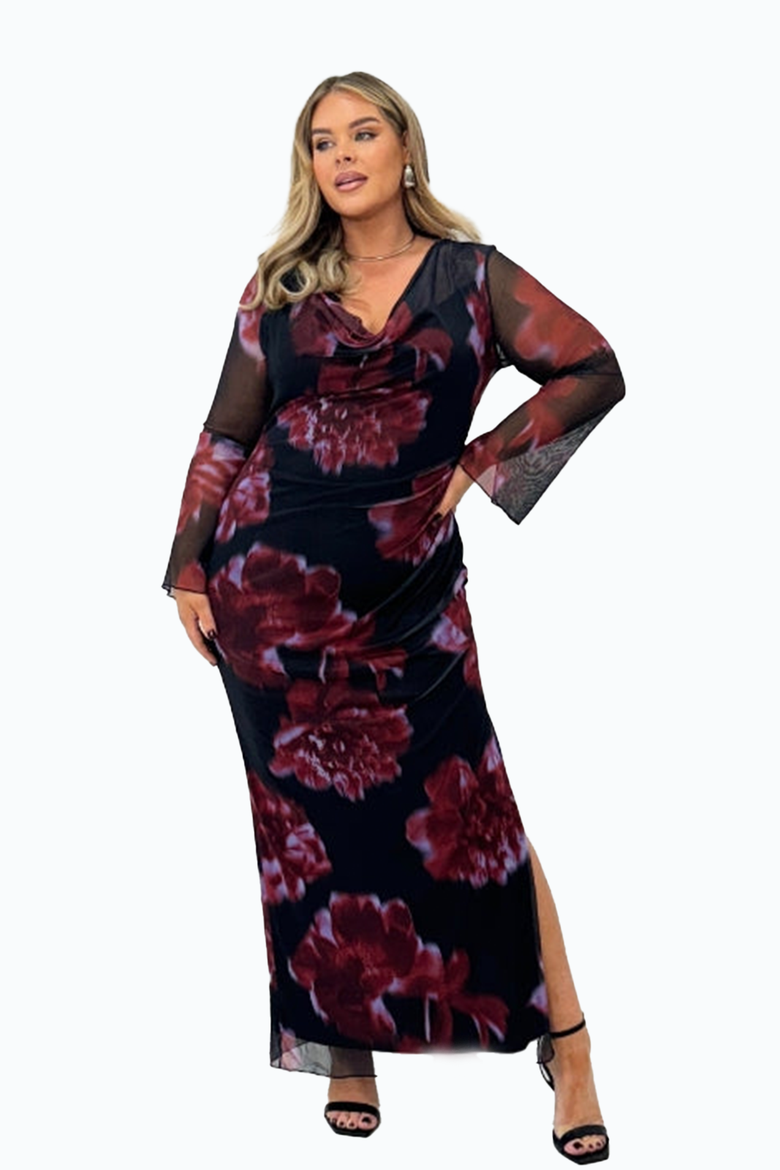 Cowl Neck Mesh Flare Sleeve Maxi Dress, Alternate, color, Burgundy