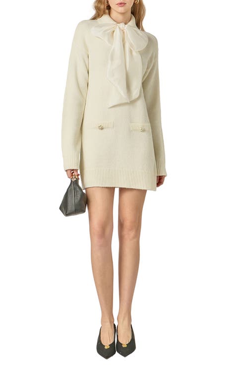 Detachable Bow Long Sleeve Sweater Minidress