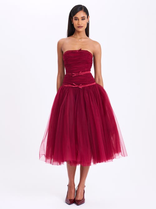Miss Circle Women Mabel Burgundy Drop Waist Layered Mesh Midi Puffy Dress With Bow In Burgundy