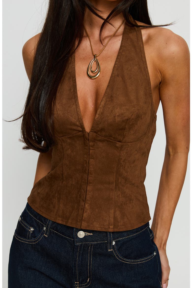 Dalyah Faux Suede Corset Halter Top, Alternate, color, BROWN
