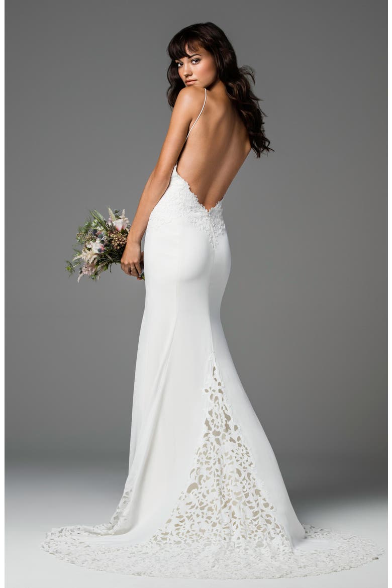 Ridley Backless Laser Cut Lace & Georgette Gown, Alternate, color, IVORY/IVORY