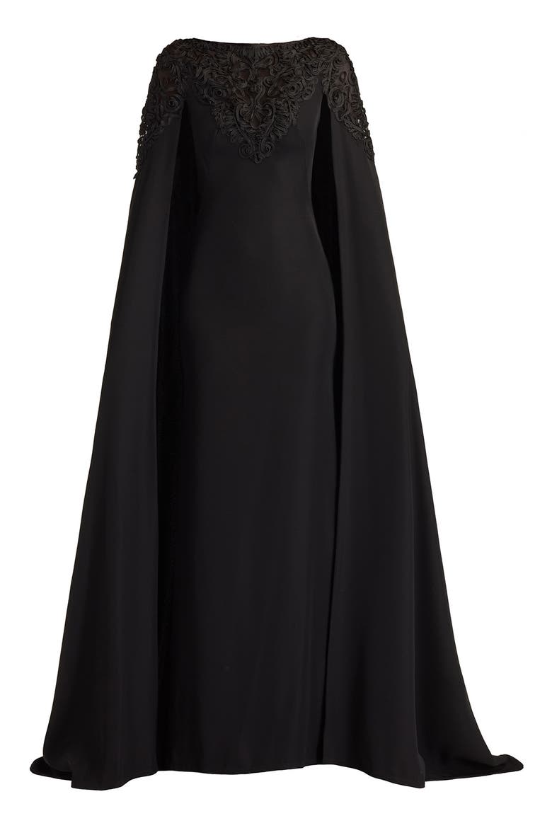 Lace & Crepe Cape Gown, Alternate, color, BLACK