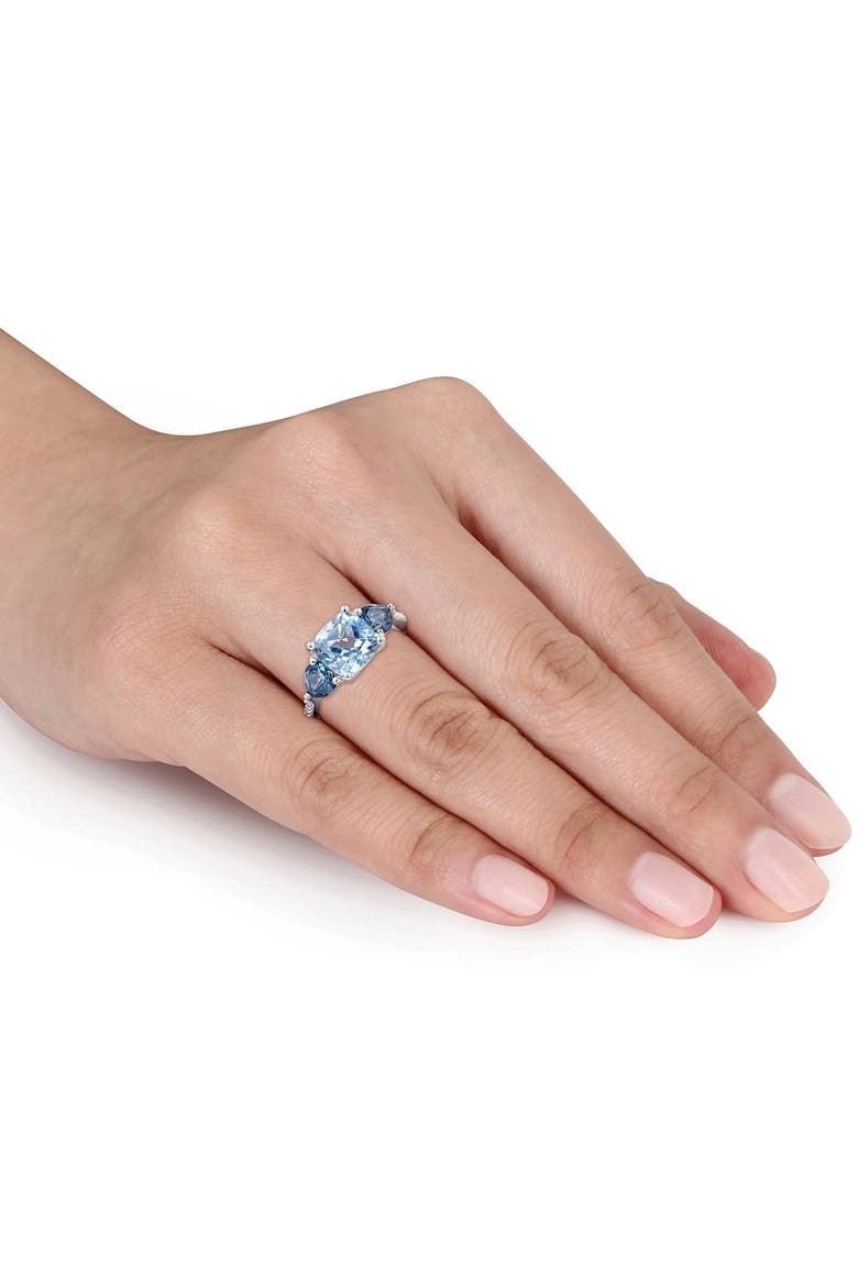 Sterling Silver Prong Set Cushion Cut Sky & London Blue Topaz Diamond Accented Floral Ring, Alternate, color, BLUE