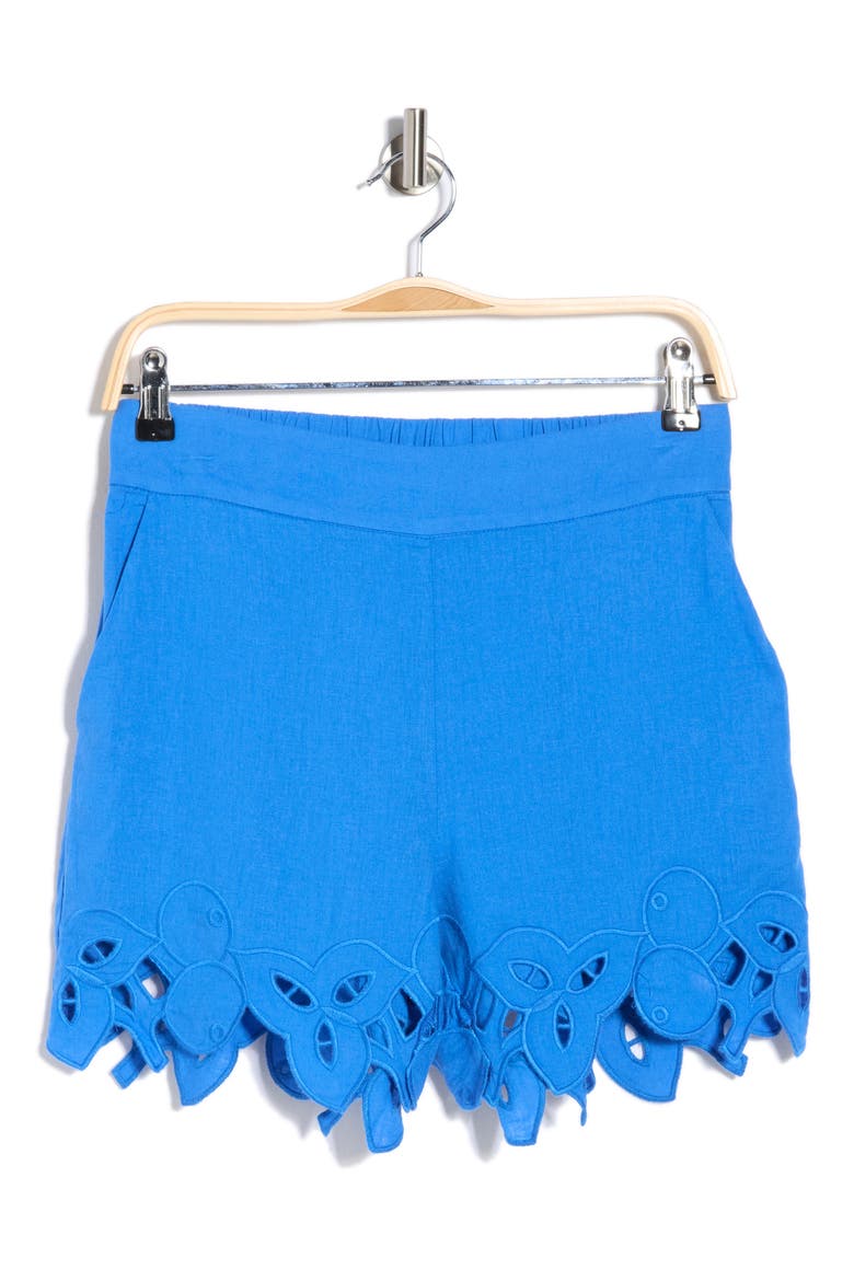 Embroidered Hem Linen Blend Shorts, Alternate, color, BLUE BLISS