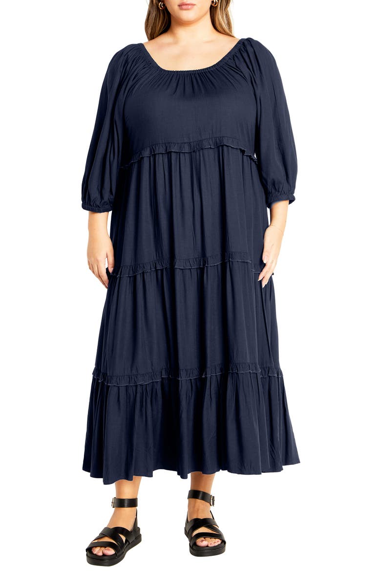 Ophelia Ruffle Tiered Dress, Main, color, NAVY