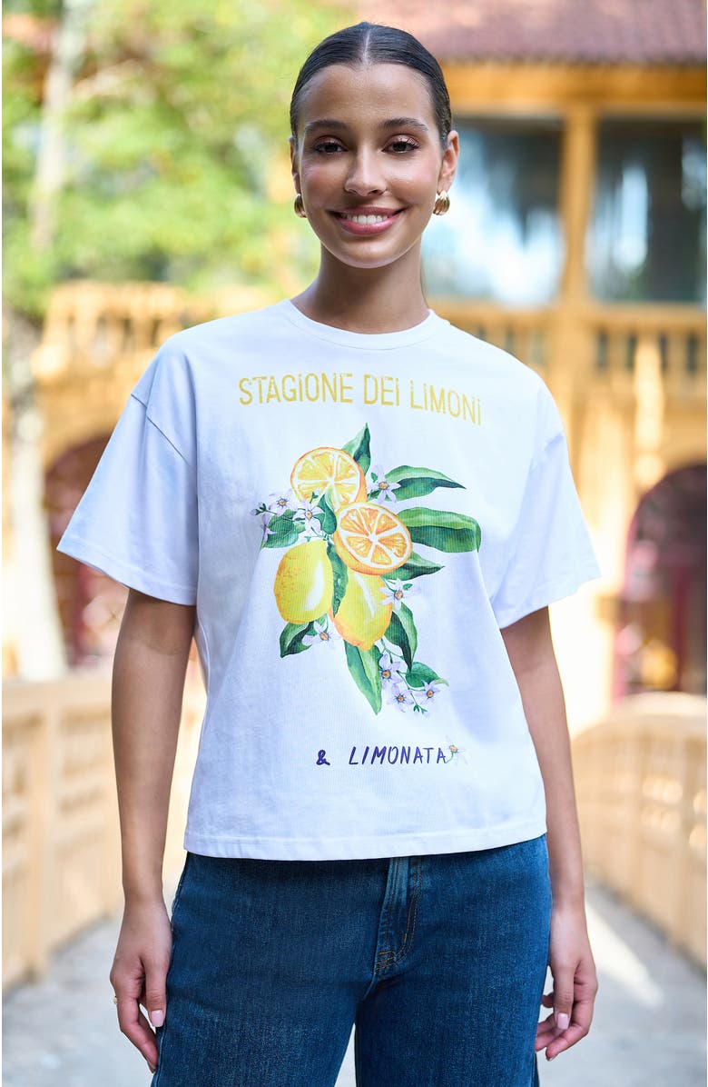 Yumi Retro Lemon Print Cotton T Shirt, Alternate, color, White