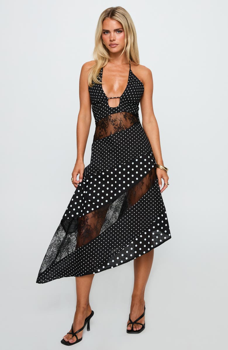 Princess Polly Down with Love Asymmetric Sleeveless Midi Dress, Alternate, color, Black / White Polka