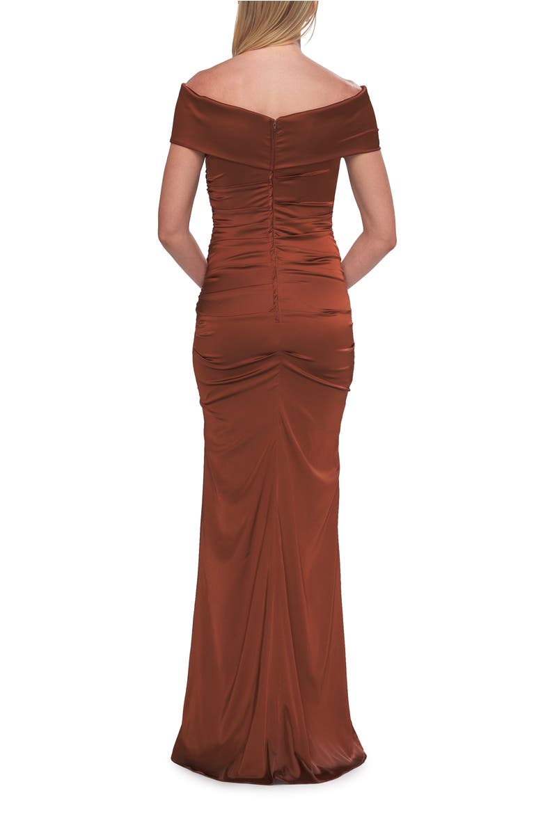 Off-the-Shoulder Ruched Satin Evening Gown, Alternate, color, Copper