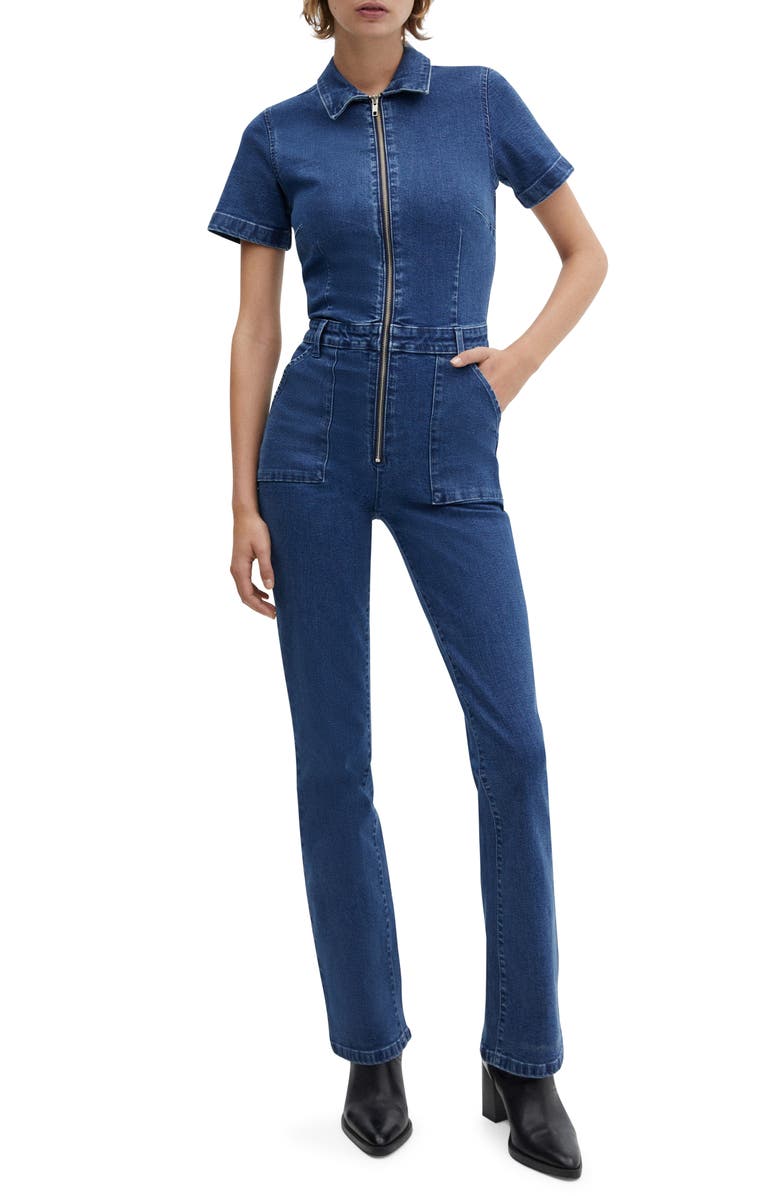 MANGO Straight Leg Zip-Up Denim Jumpsuit, Main, color, 