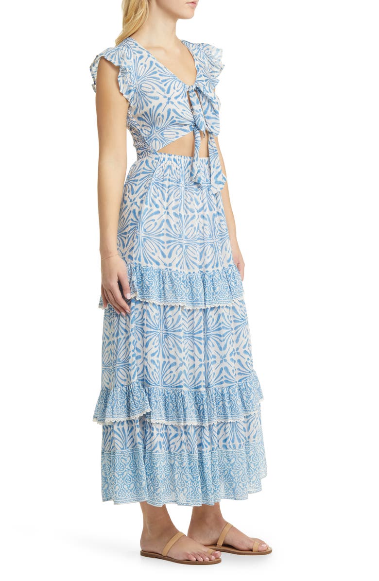 ALICIA BELL Cutout Tie Front Cotton & Silk Cover-Up Maxi Dress, Alternate, color, Blue Psychedelic