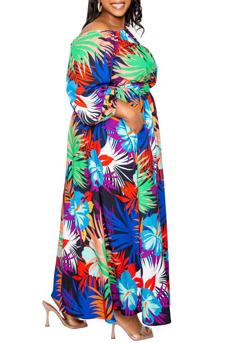 BUXOM COUTURE Tropical Cutout Long Sleeve Maxi Dress, Alternate, color,