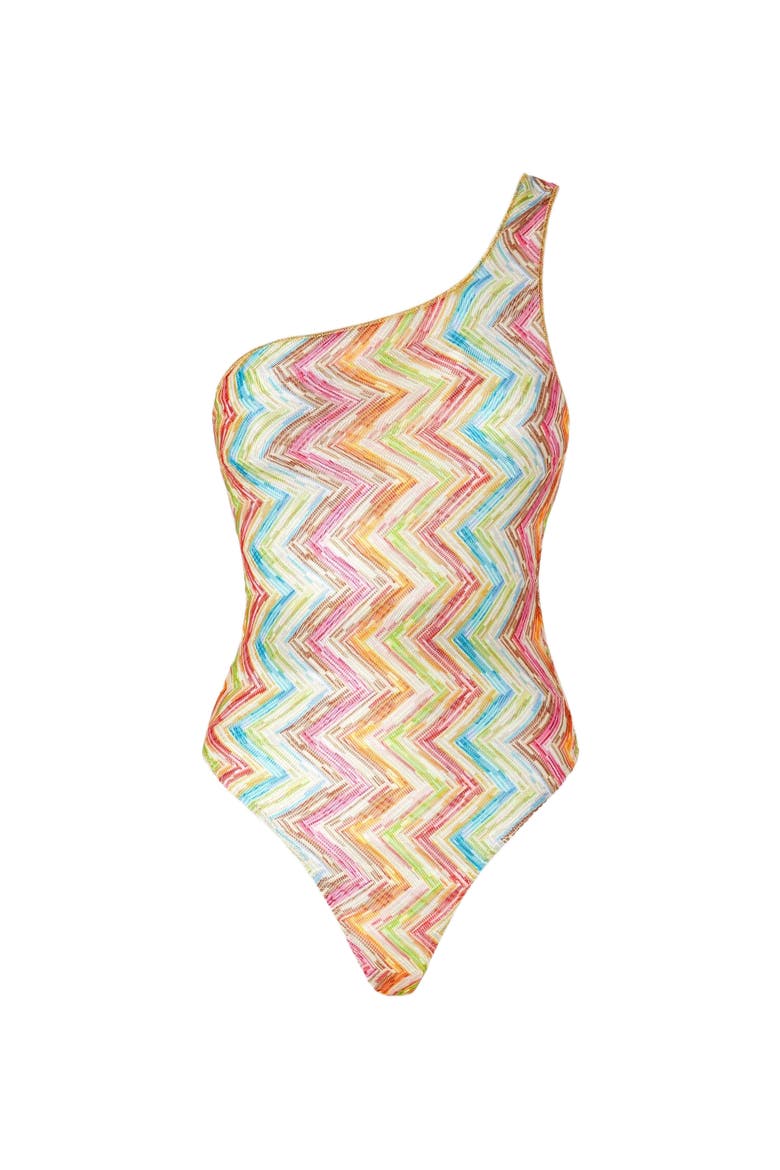 One-shoulder One-piece Swimsuit In Printed Tulle, Alternate, color, Multicoloured