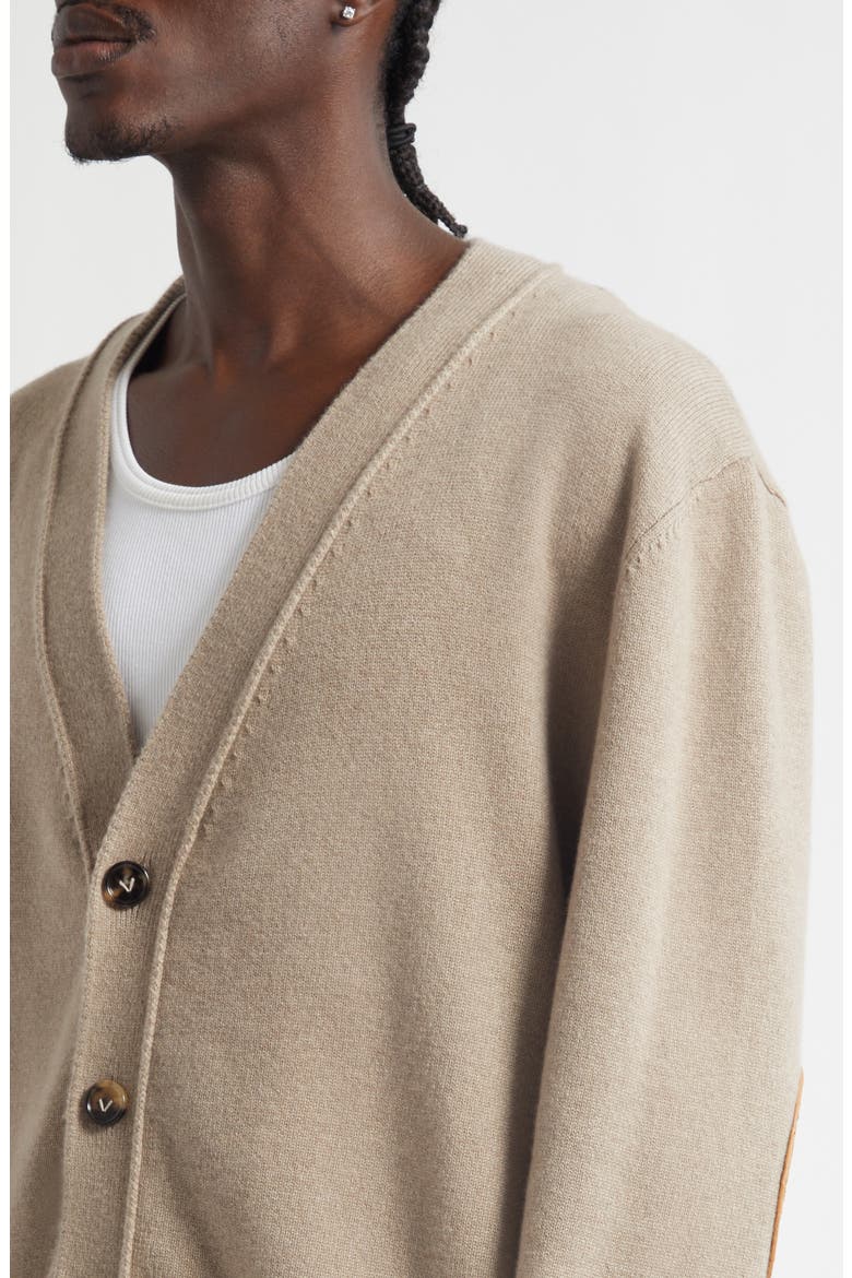 Classic Cashmere Blend V-Neck Cardigan with Intrecciato Leather Elbow Patches, Alternate, color, 9713 BEIGE