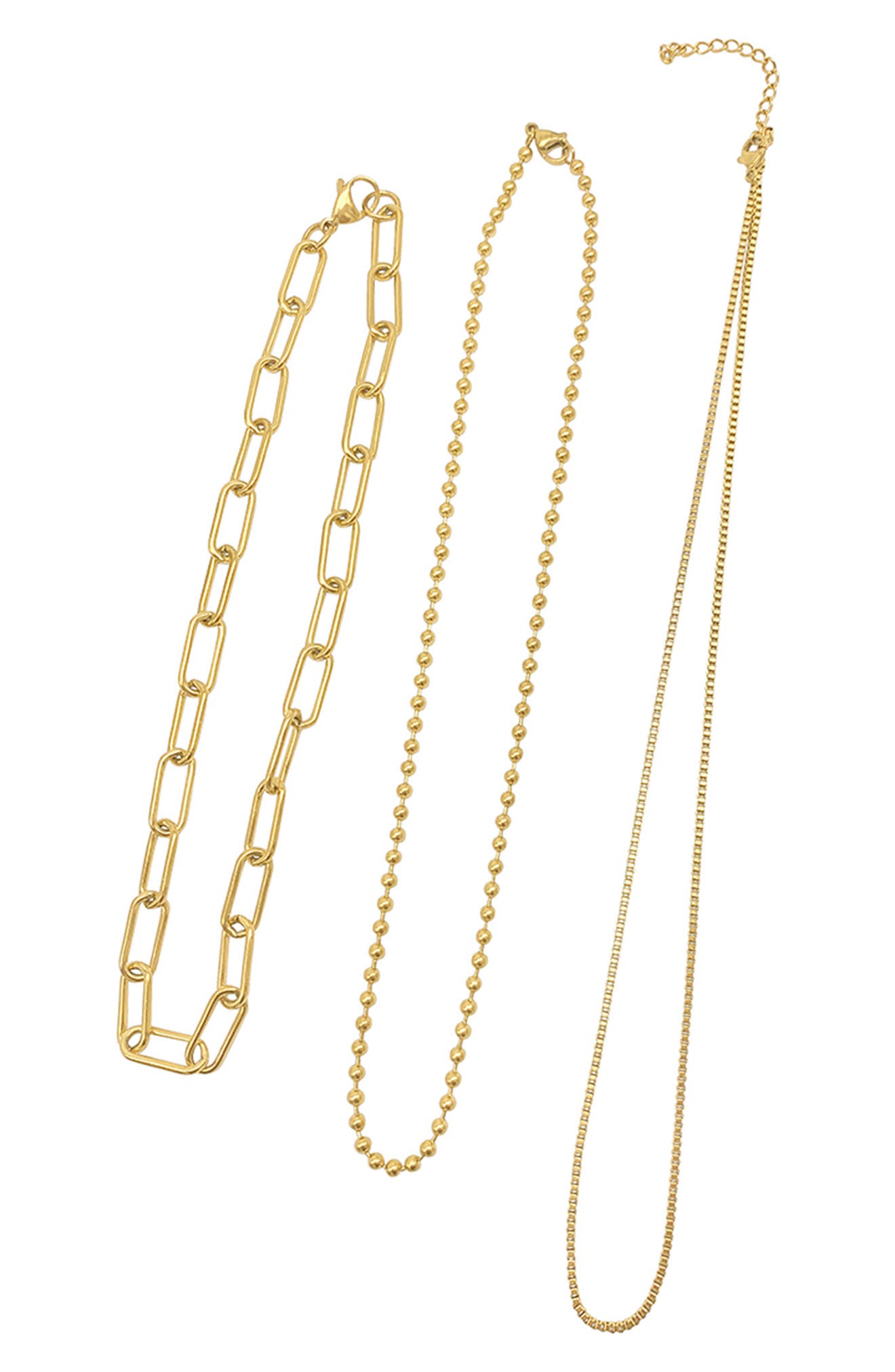 Adornia 14K Yellow Gold Plated Paperclip, Ball & Box Chain Necklace Set ...