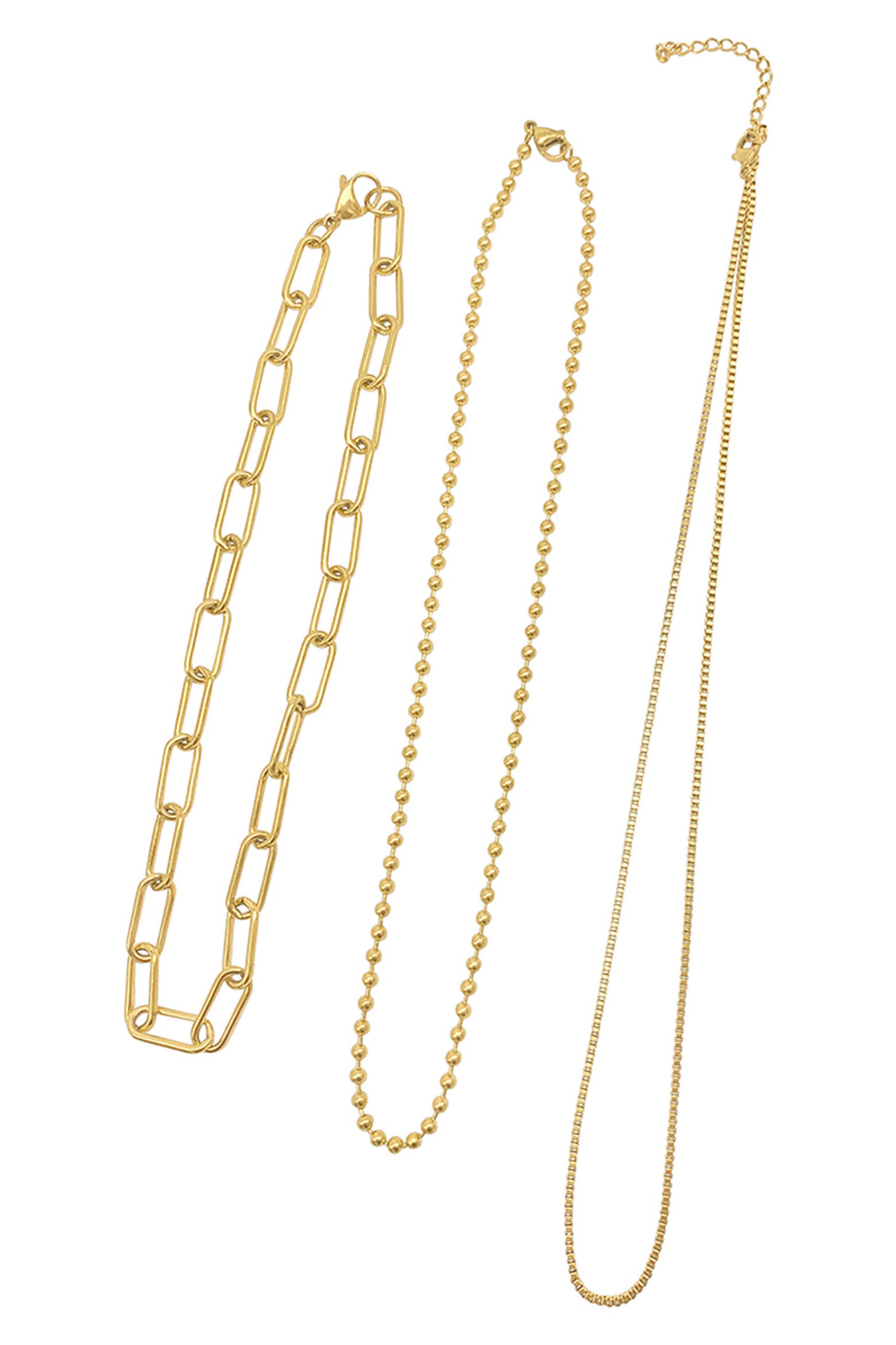 14K Yellow Gold Plated Paperclip, Ball & Box Chain Necklace Set (Women ...
