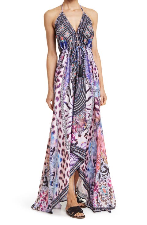 Bright Printed Purple Halter Cover-Up Dress