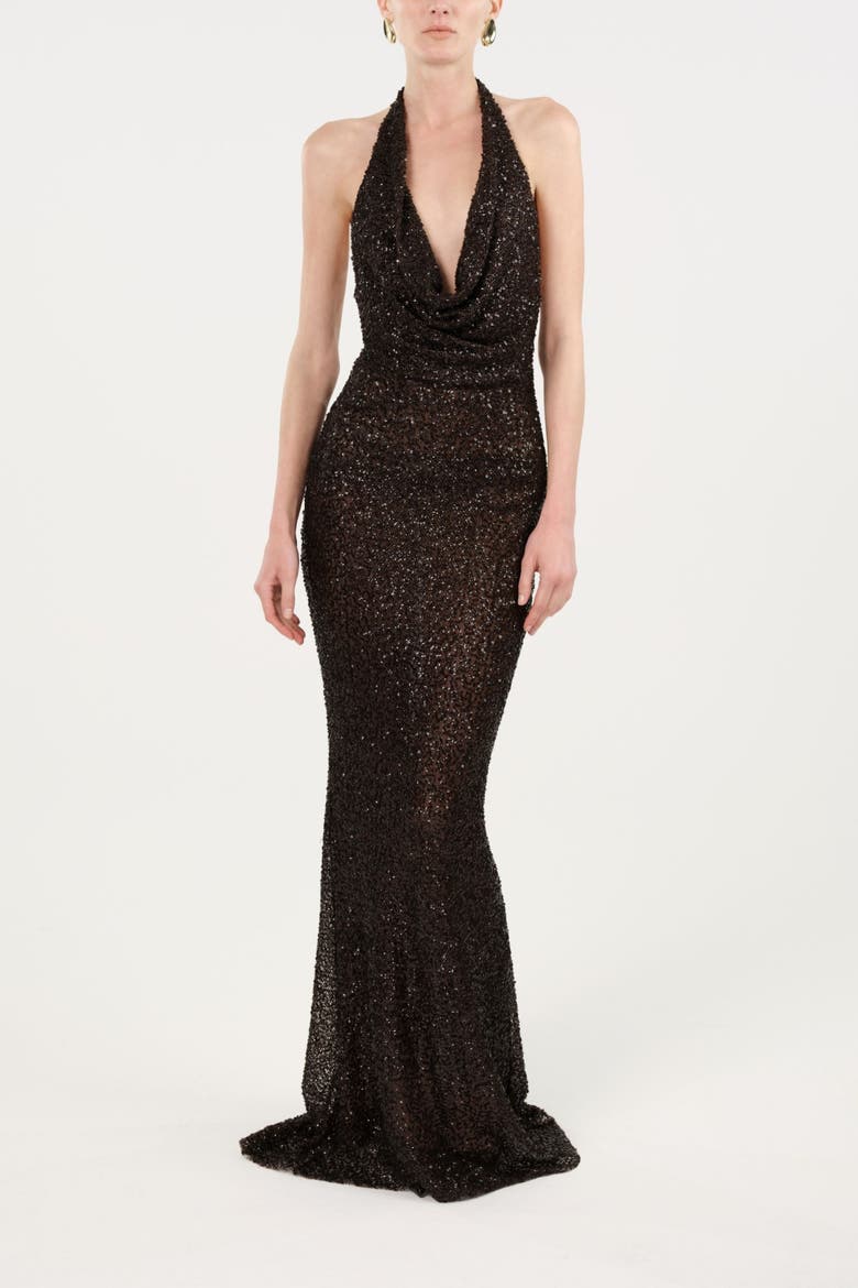 Off-Shoulder Sequin Embellished Maxi Dress, Alternate, color, Brown