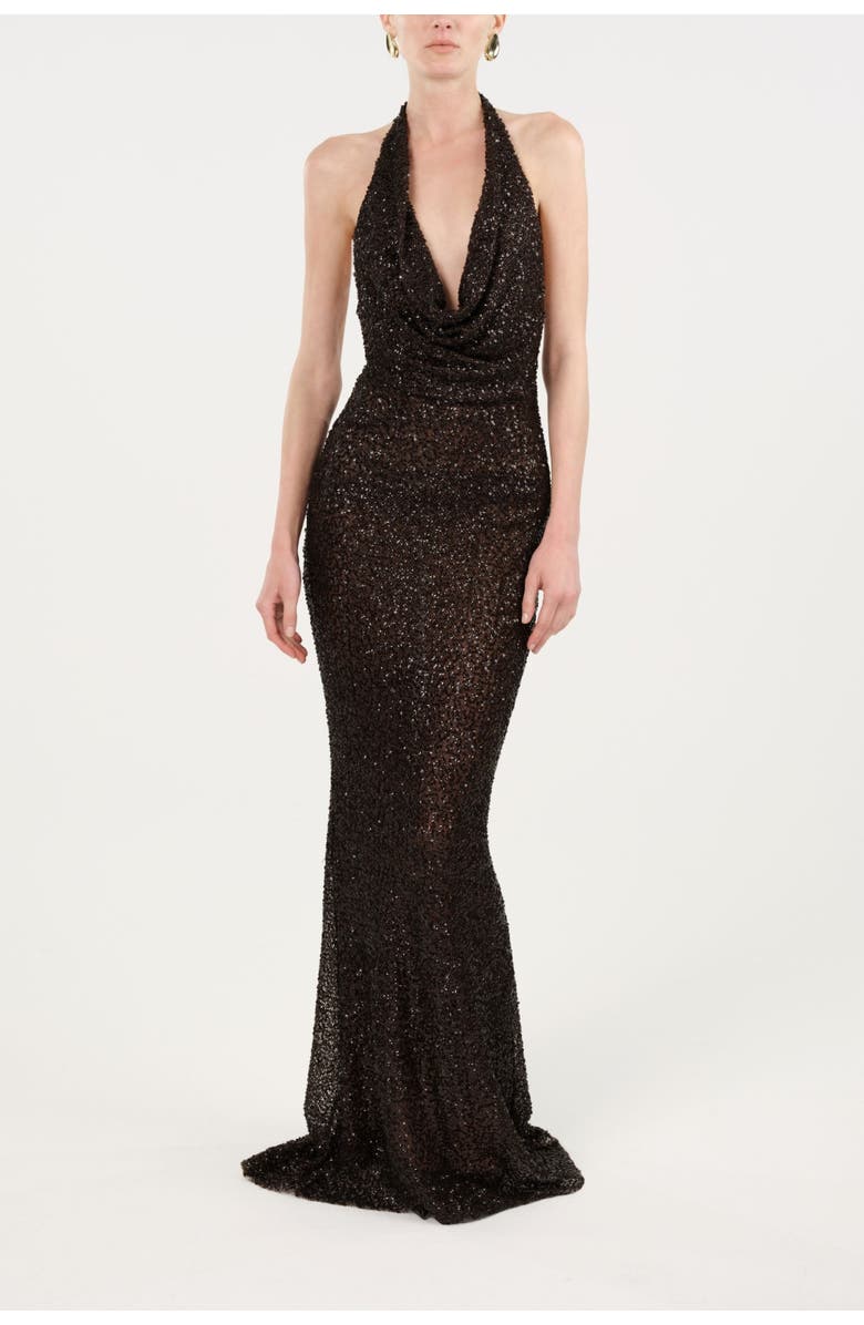 Nocturne Off-Shoulder Sequin Embellished Maxi Dress, Alternate, color, Brown