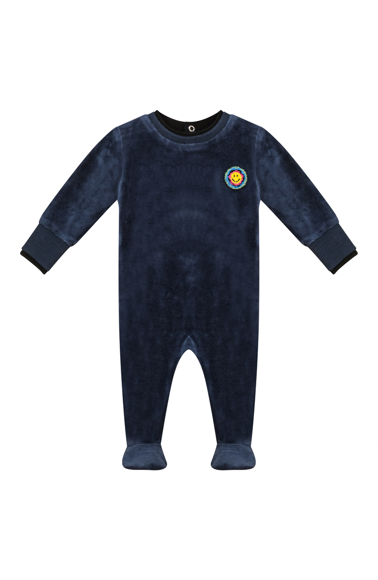 Space Grey Velour Smiley and Heart Applique Romper, Main, color, Navy